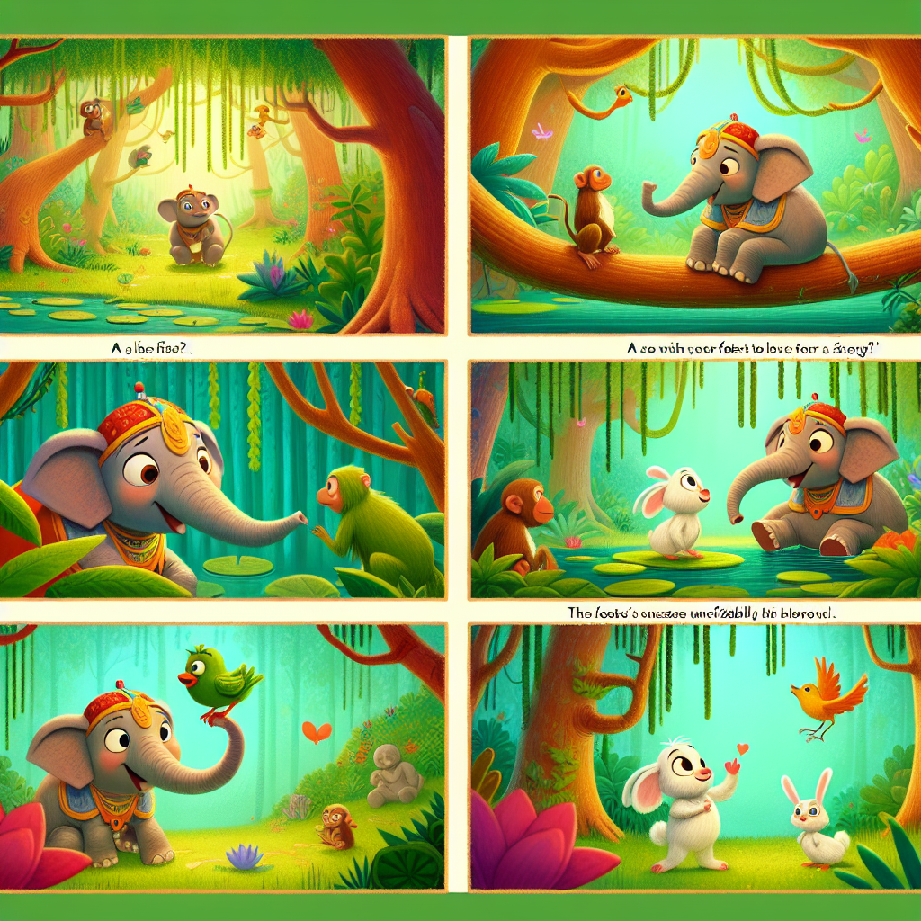 Colorful cartoon storyboard showing 8 key scenes from The Elephant Who Sought a Friend