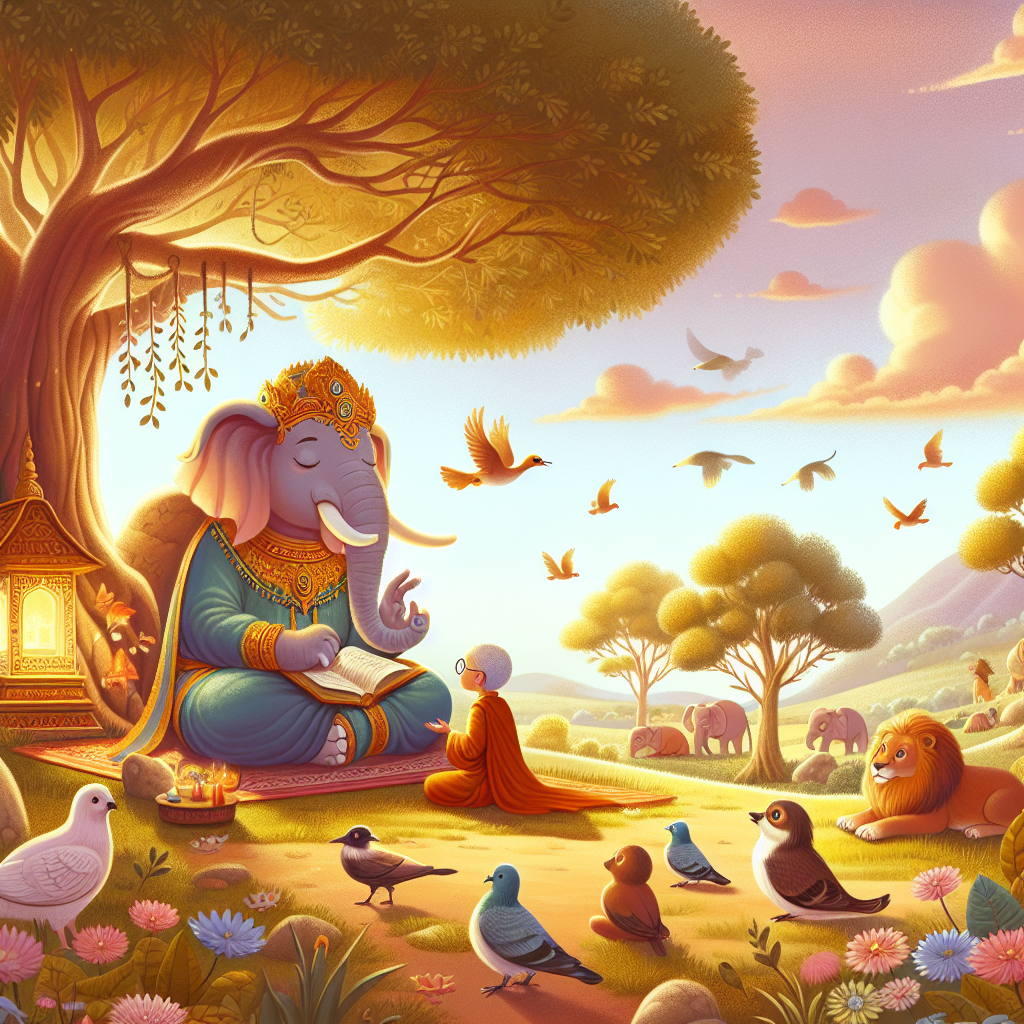 Colorful children's illustration for the story: The Elephant and the Kind Words