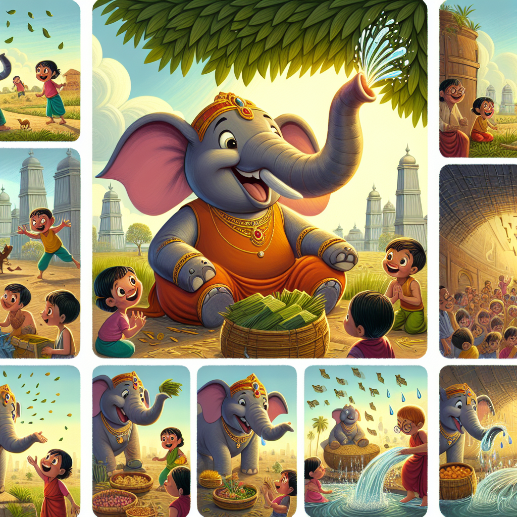 Colorful cartoon storyboard showing 8 key scenes from The Elephant and the Kind Words