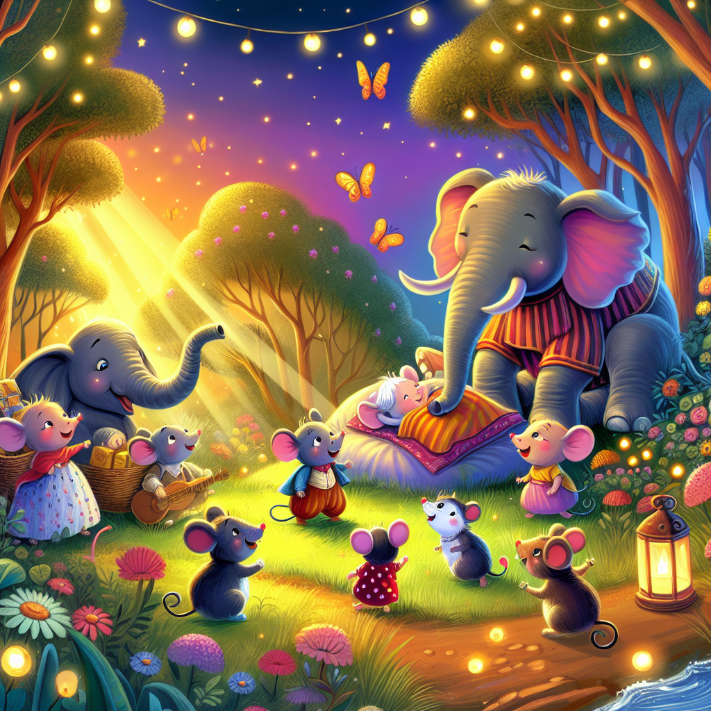 Colorful children's illustration for the story: The Elephants and the Little Mice