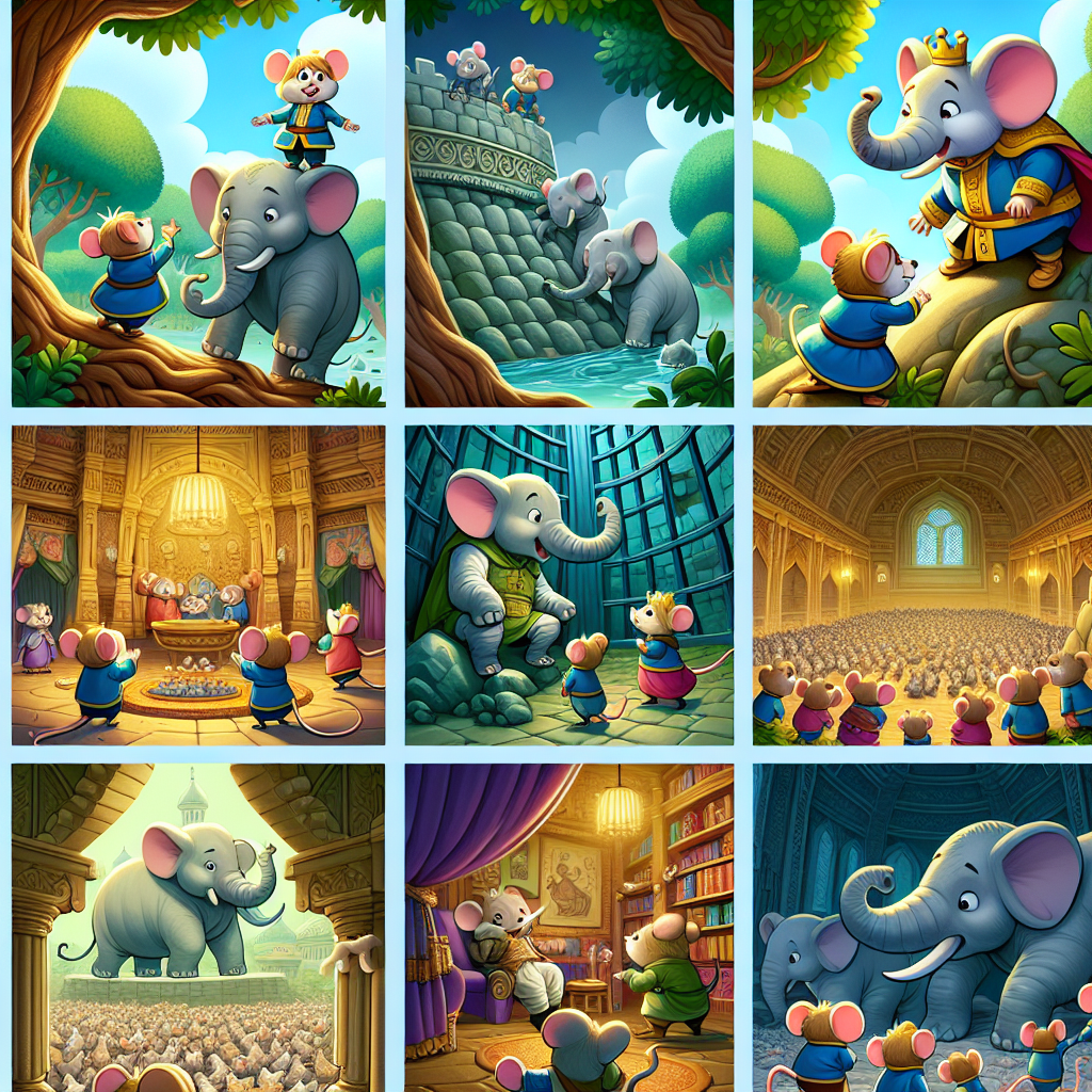 Colorful cartoon storyboard showing 8 key scenes from The Elephants and the Little Mice
