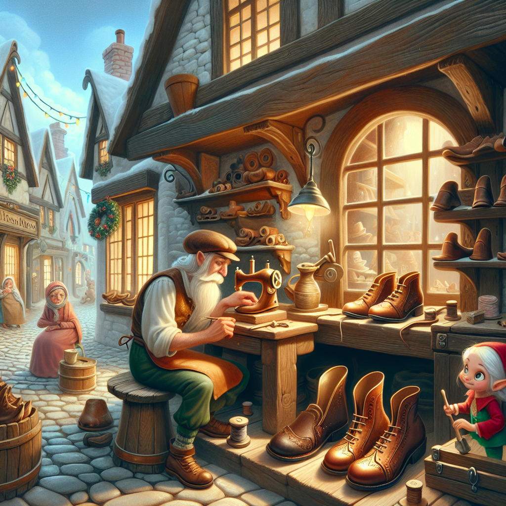 Colorful children's illustration for the story: The Elves and the Shoemaker