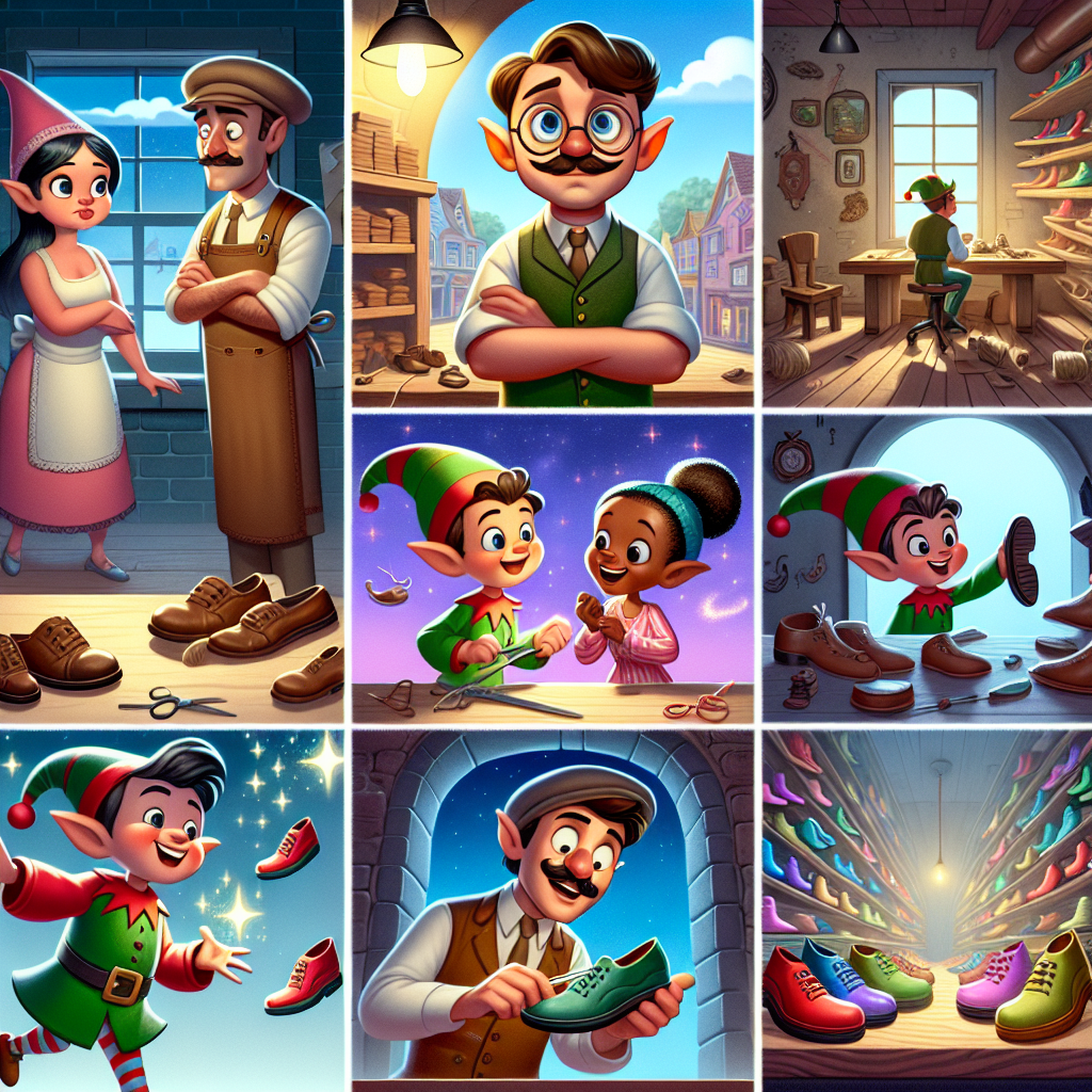 Colorful cartoon storyboard showing 8 key scenes from The Elves and the Shoemaker