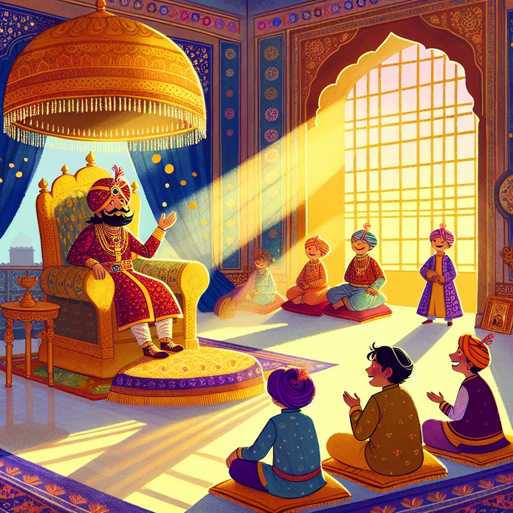 Colorful children's illustration for the story: Birbal's Wisdom