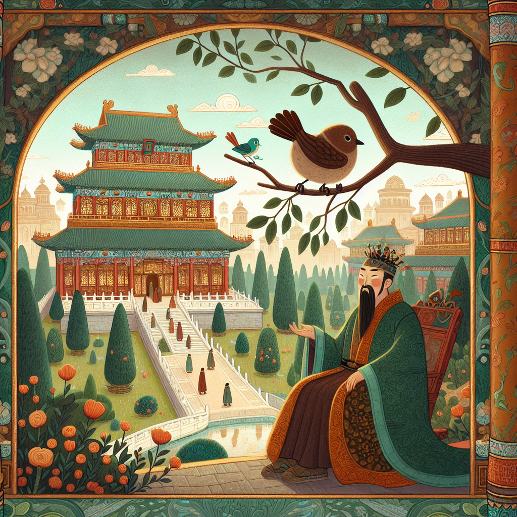 Colorful children's illustration for the story: The Nightingale