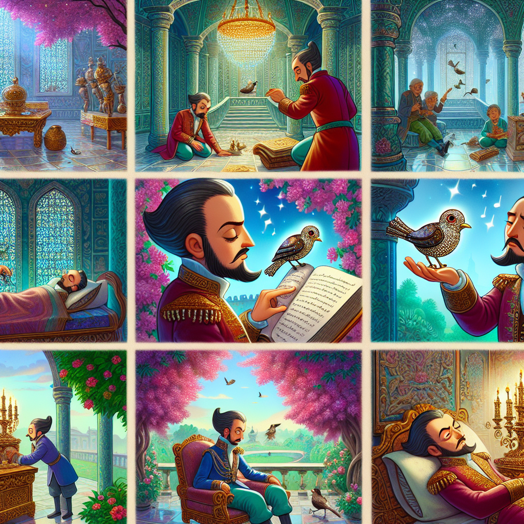 Colorful cartoon storyboard showing 8 key scenes from The Nightingale