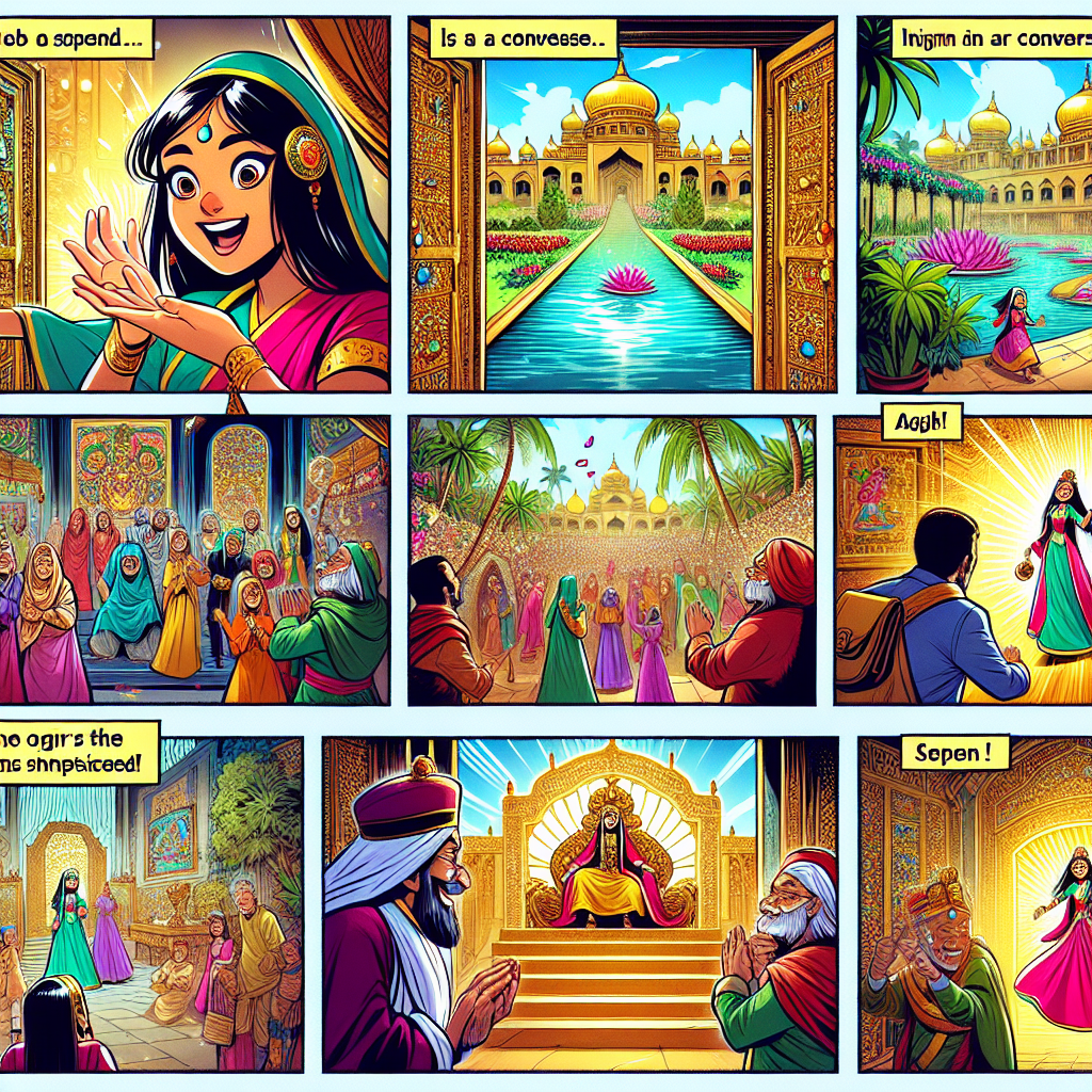 Colorful cartoon storyboard showing 8 key scenes from The Little Girl and the Emperor