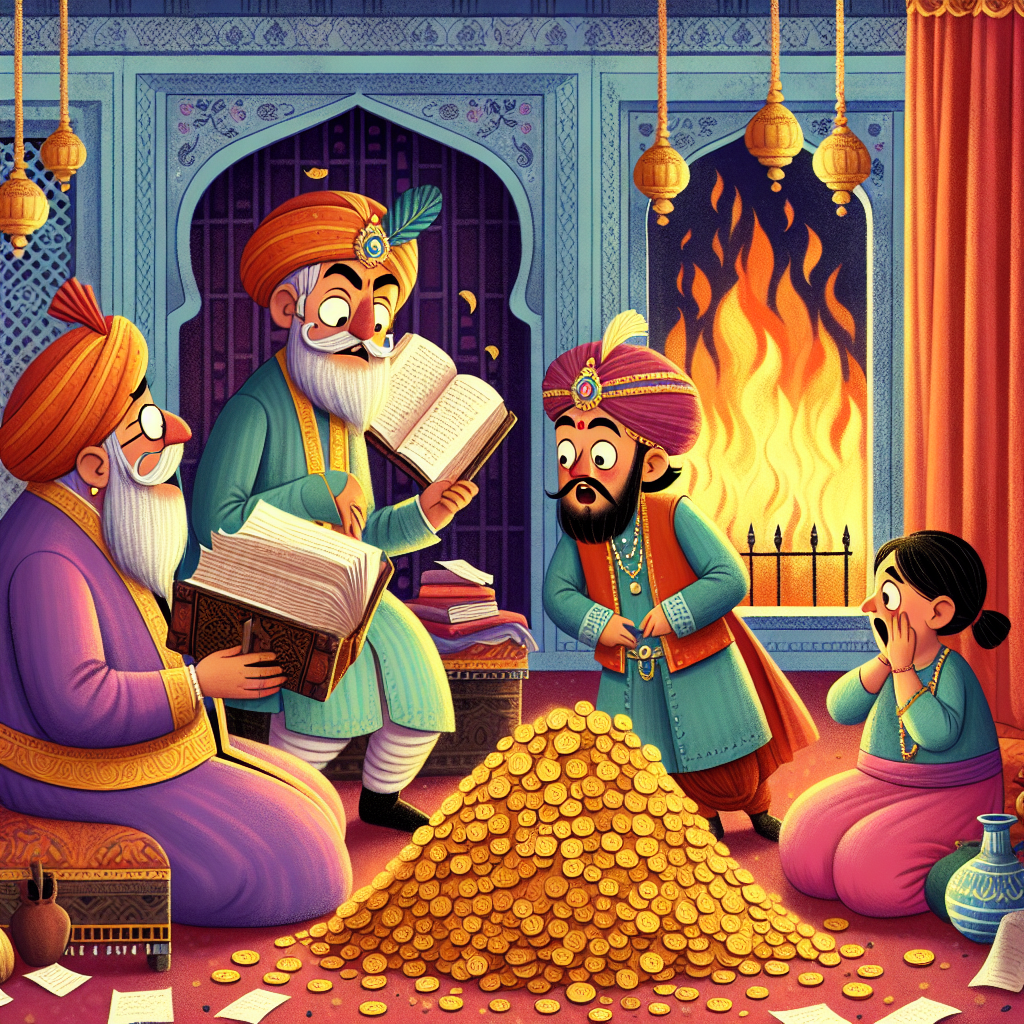 Colorful children's illustration for the story: Birbal's Clever Plan