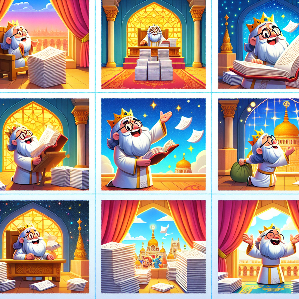 Colorful cartoon storyboard showing 8 key scenes from Birbal's Clever Plan