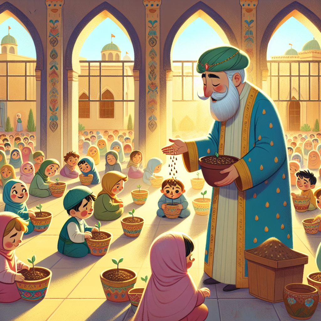 Colorful children's illustration for the story: The Empty Pot