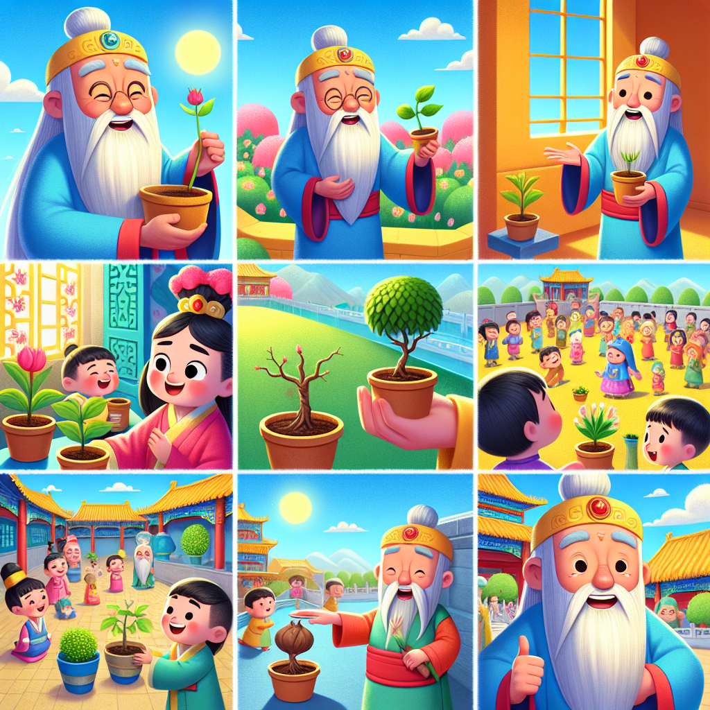 Colorful cartoon storyboard showing 8 key scenes from The Empty Pot