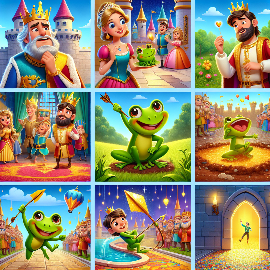 Colorful cartoon storyboard showing 8 key scenes from The Frog Prince