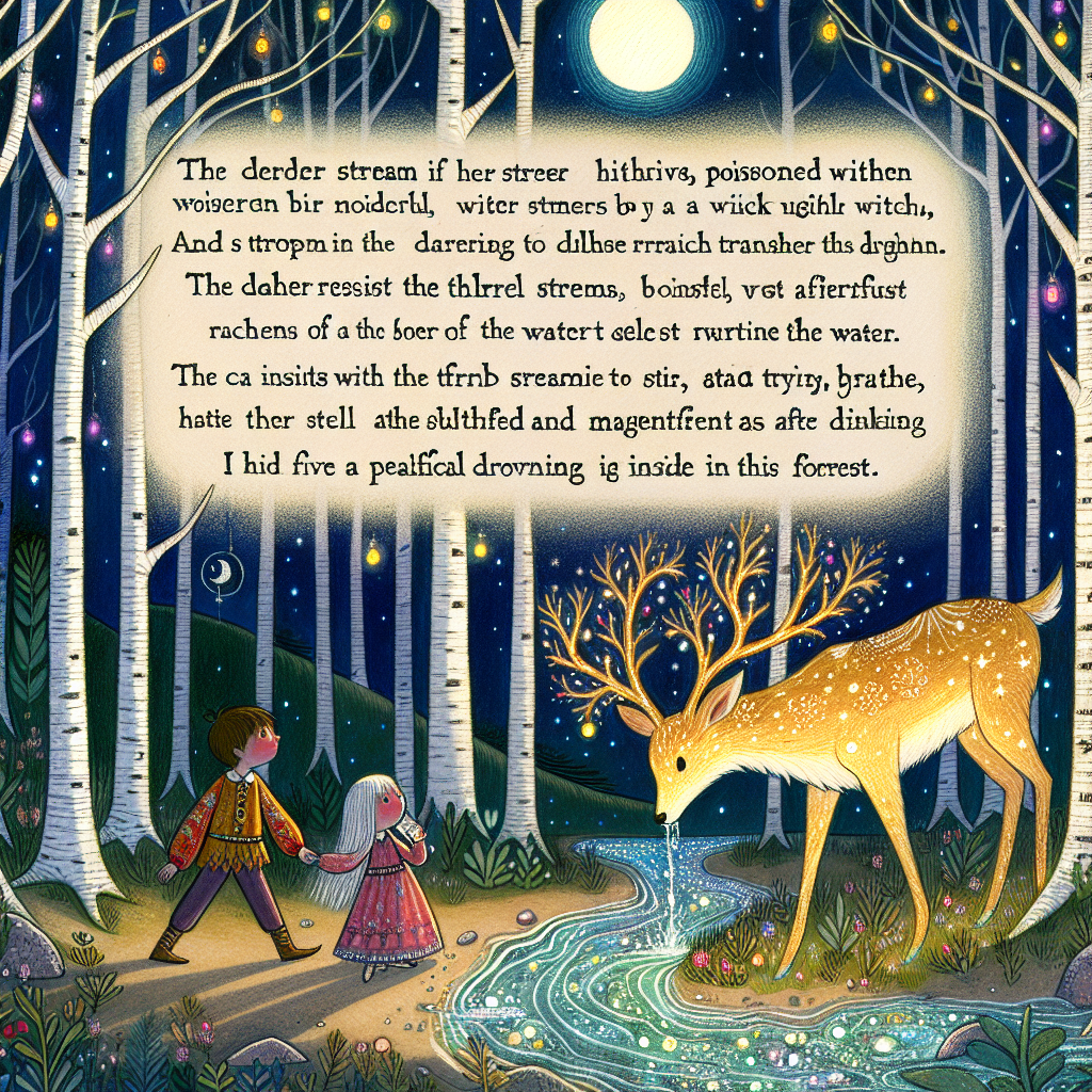 Colorful children's illustration for the story: The Golden Deer