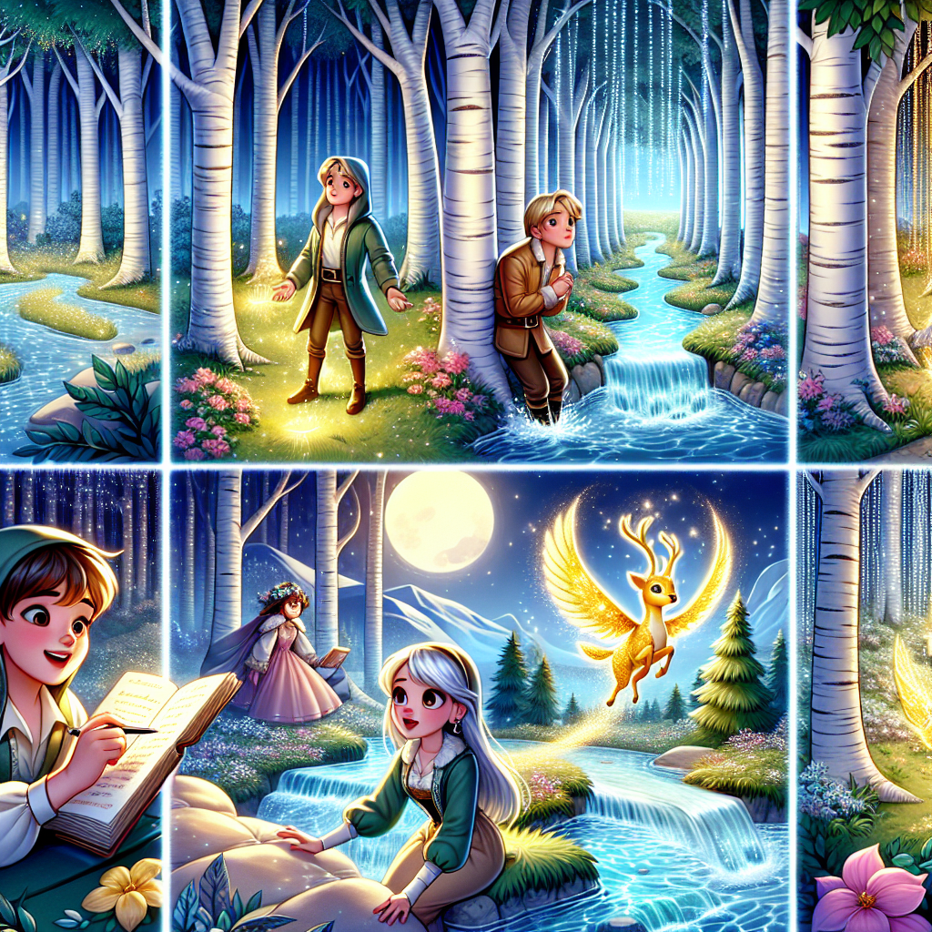 Colorful cartoon storyboard showing 8 key scenes from The Golden Deer