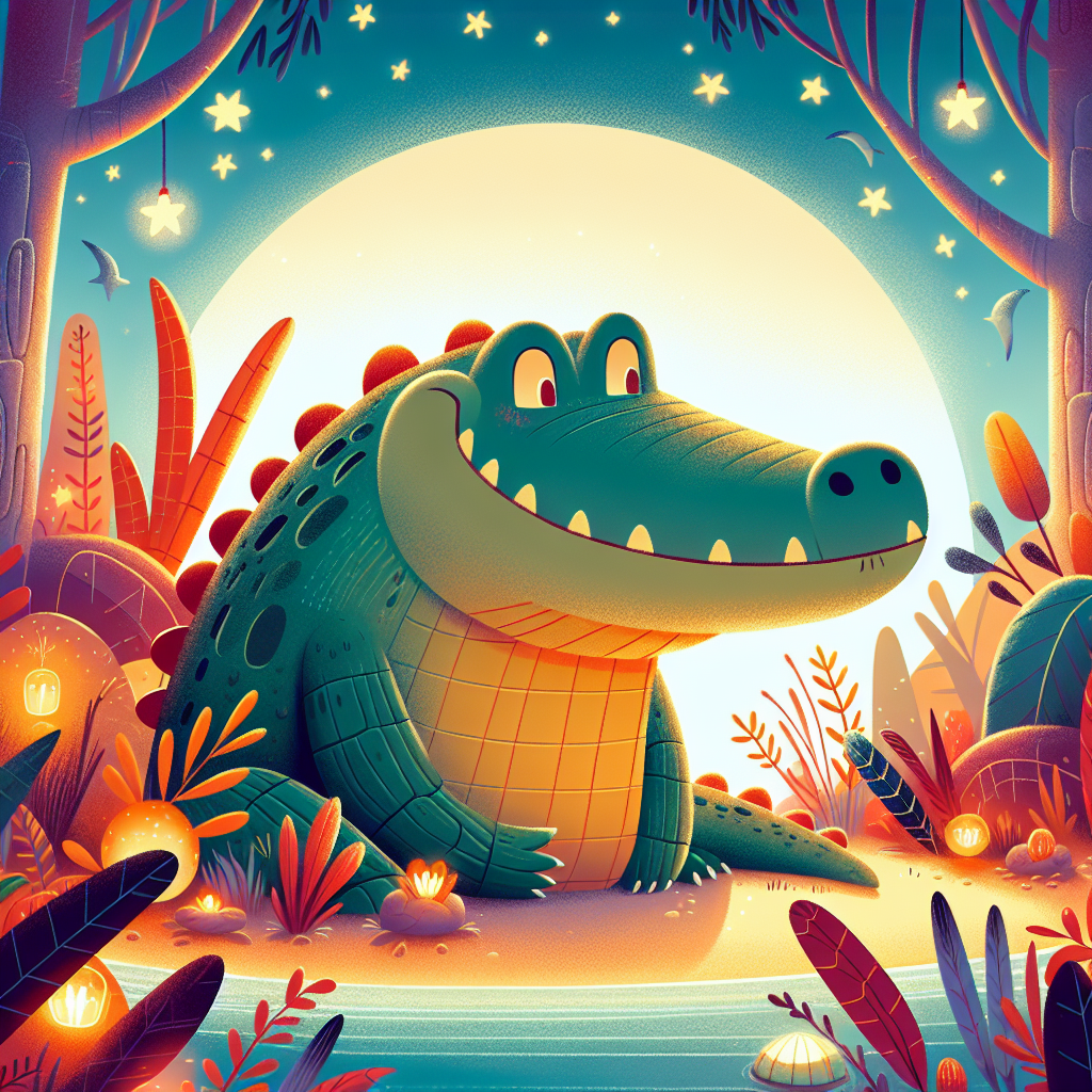 Colorful children's illustration for the story: The Boastful Crocodile