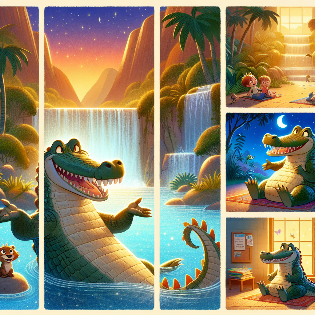 Colorful cartoon storyboard showing 8 key scenes from The Boastful Crocodile