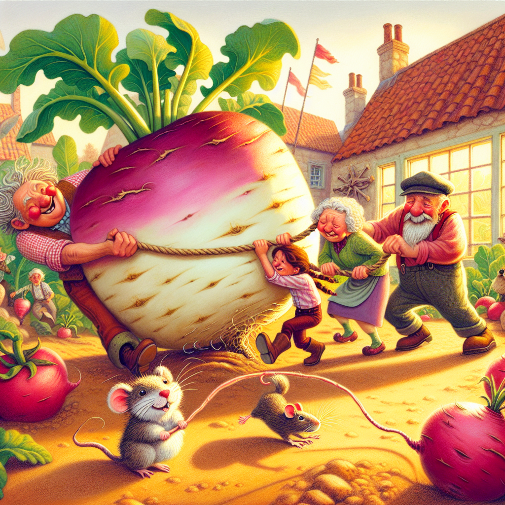 Colorful children's illustration for the story: The Enormous Turnip