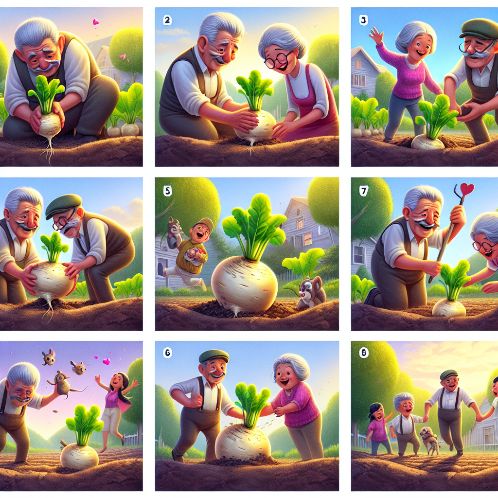 Colorful cartoon storyboard showing 8 key scenes from The Enormous Turnip