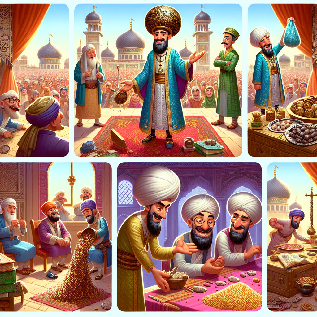 Colorful cartoon storyboard showing 8 key scenes from The Pundit and the Scholar