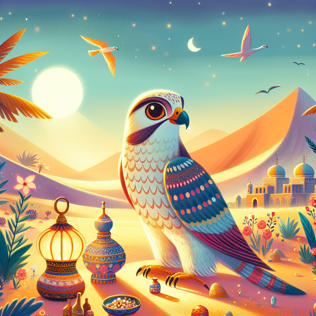 Colorful children's illustration for the story: The Falcon and the King