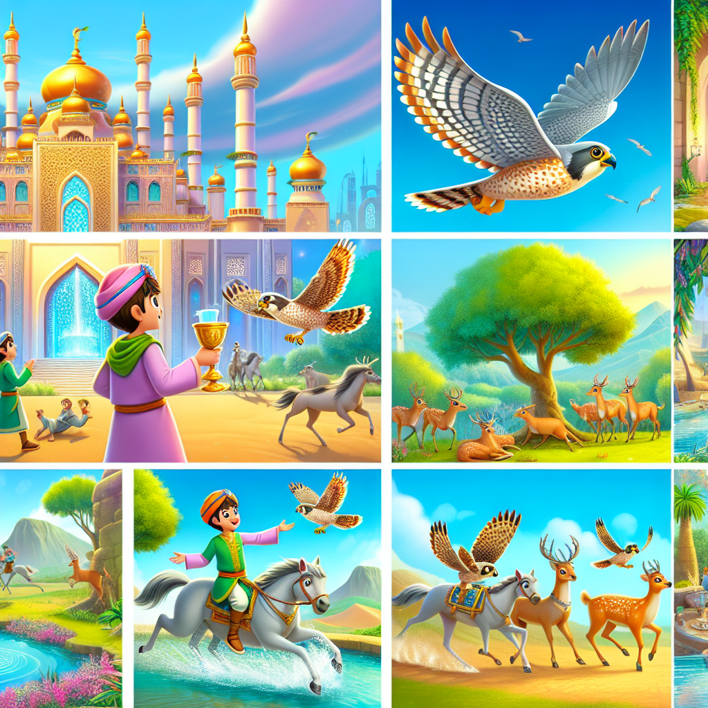 Colorful cartoon storyboard showing 8 key scenes from The Falcon and the King