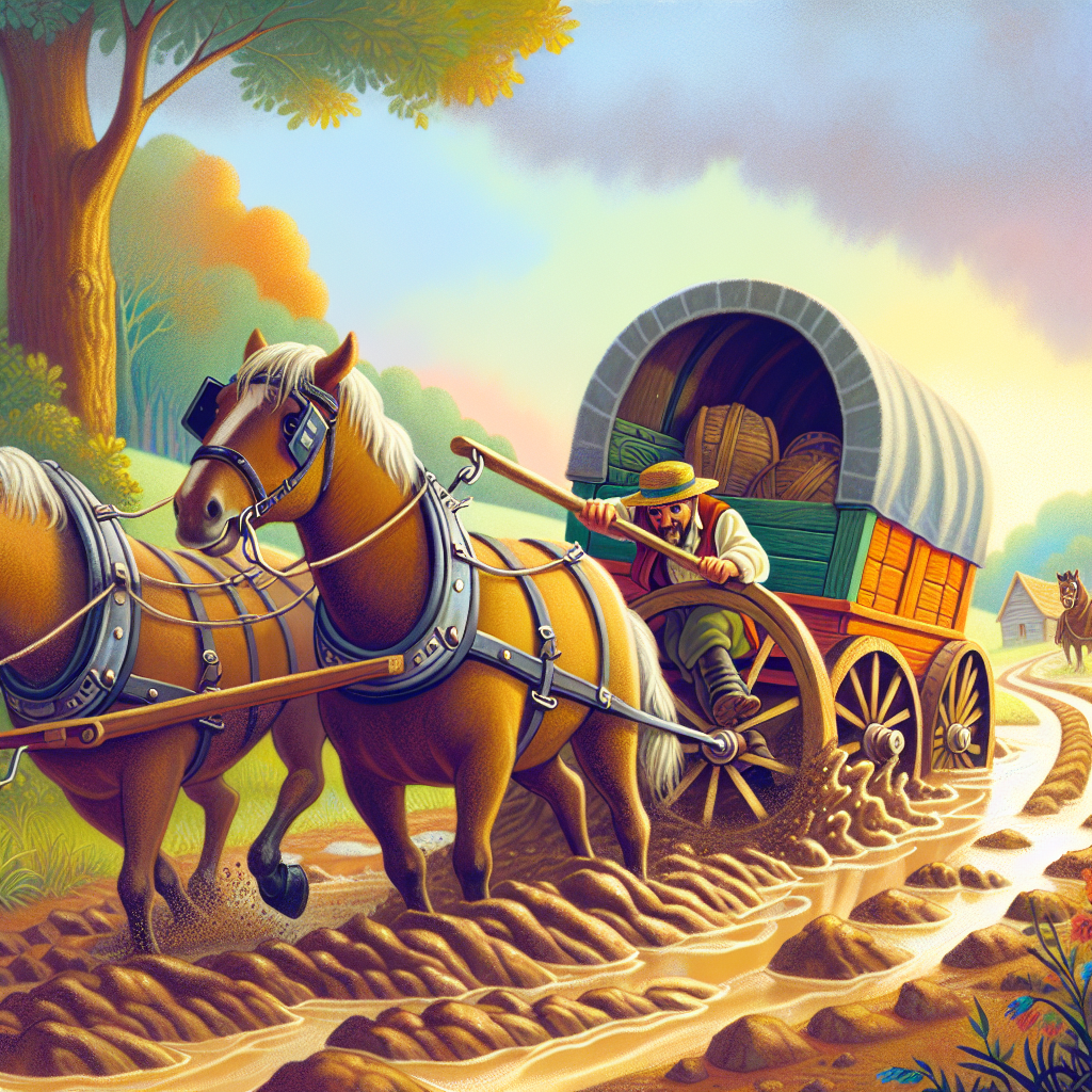 Colorful children's illustration for the story: The Farmer and His Wagon