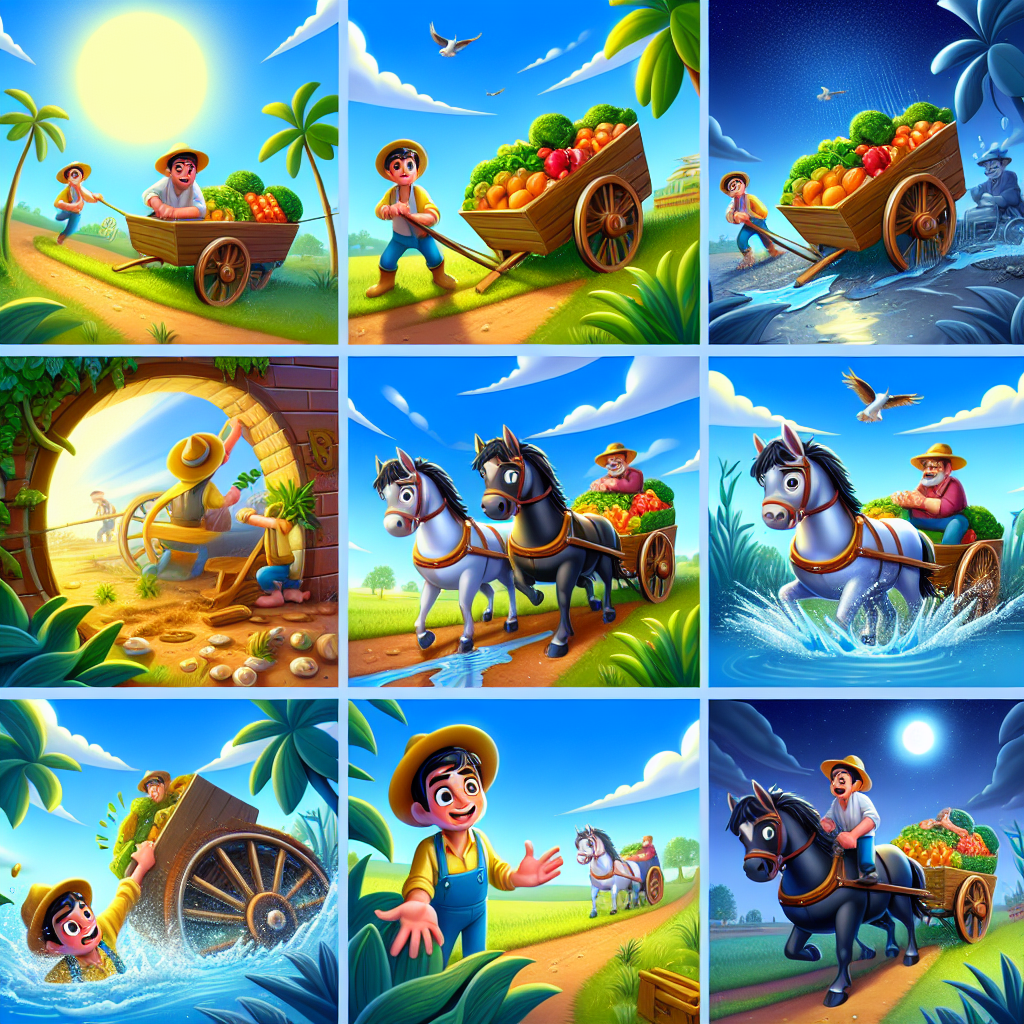 Colorful cartoon storyboard showing 8 key scenes from The Farmer and His Wagon