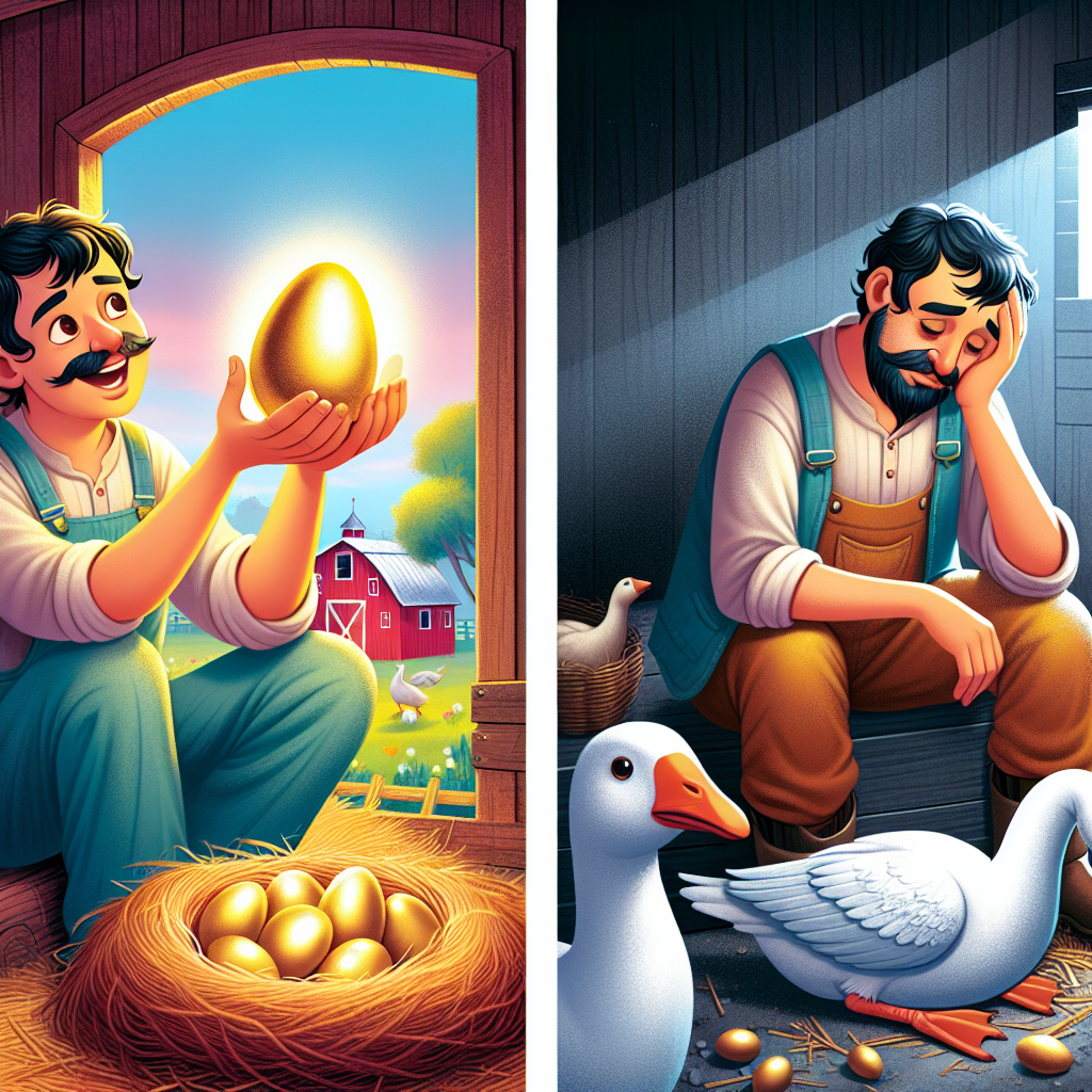 Colorful children's illustration for the story: The Goose That Laid the Golden Eggs
