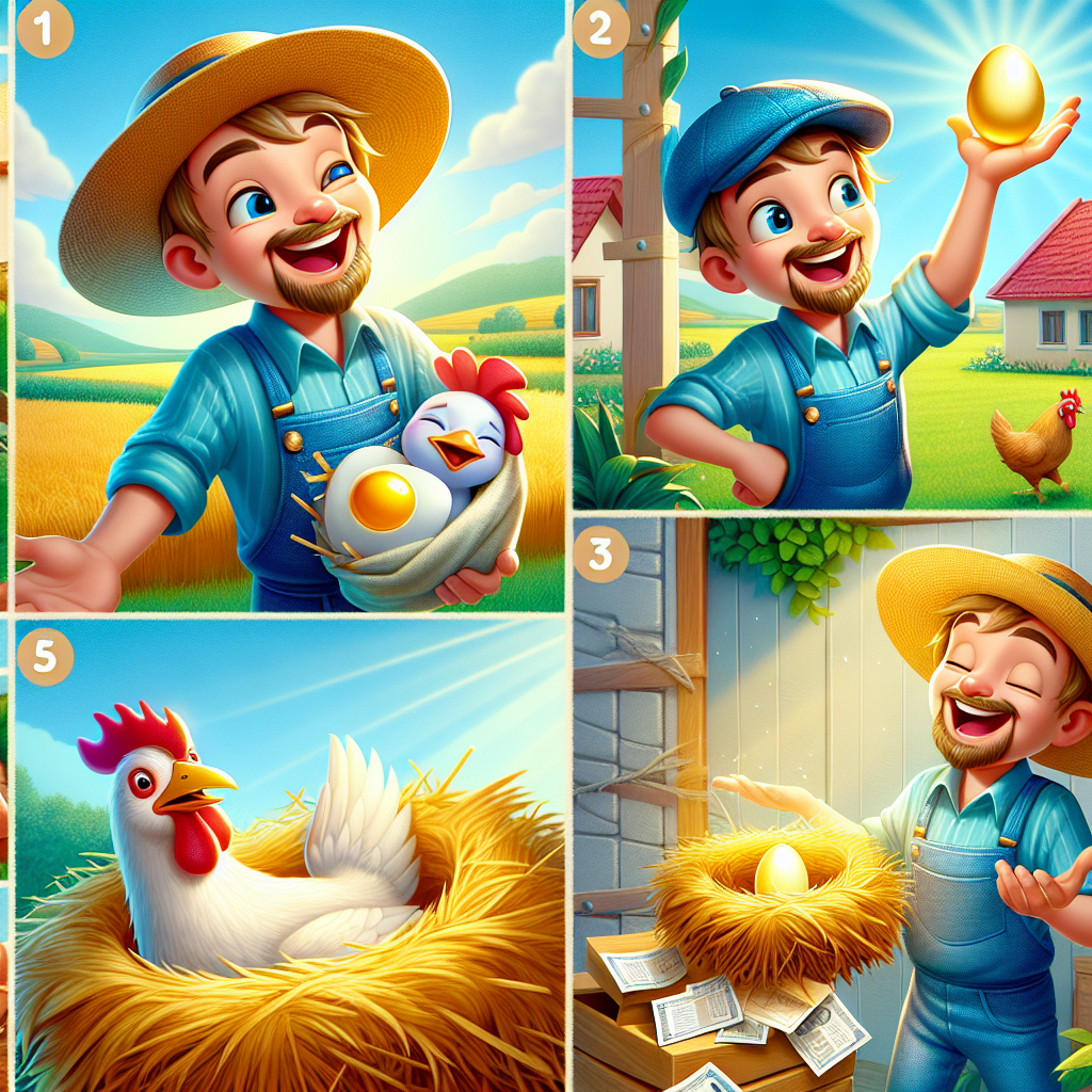 Colorful cartoon storyboard showing 8 key scenes from The Goose That Laid the Golden Eggs
