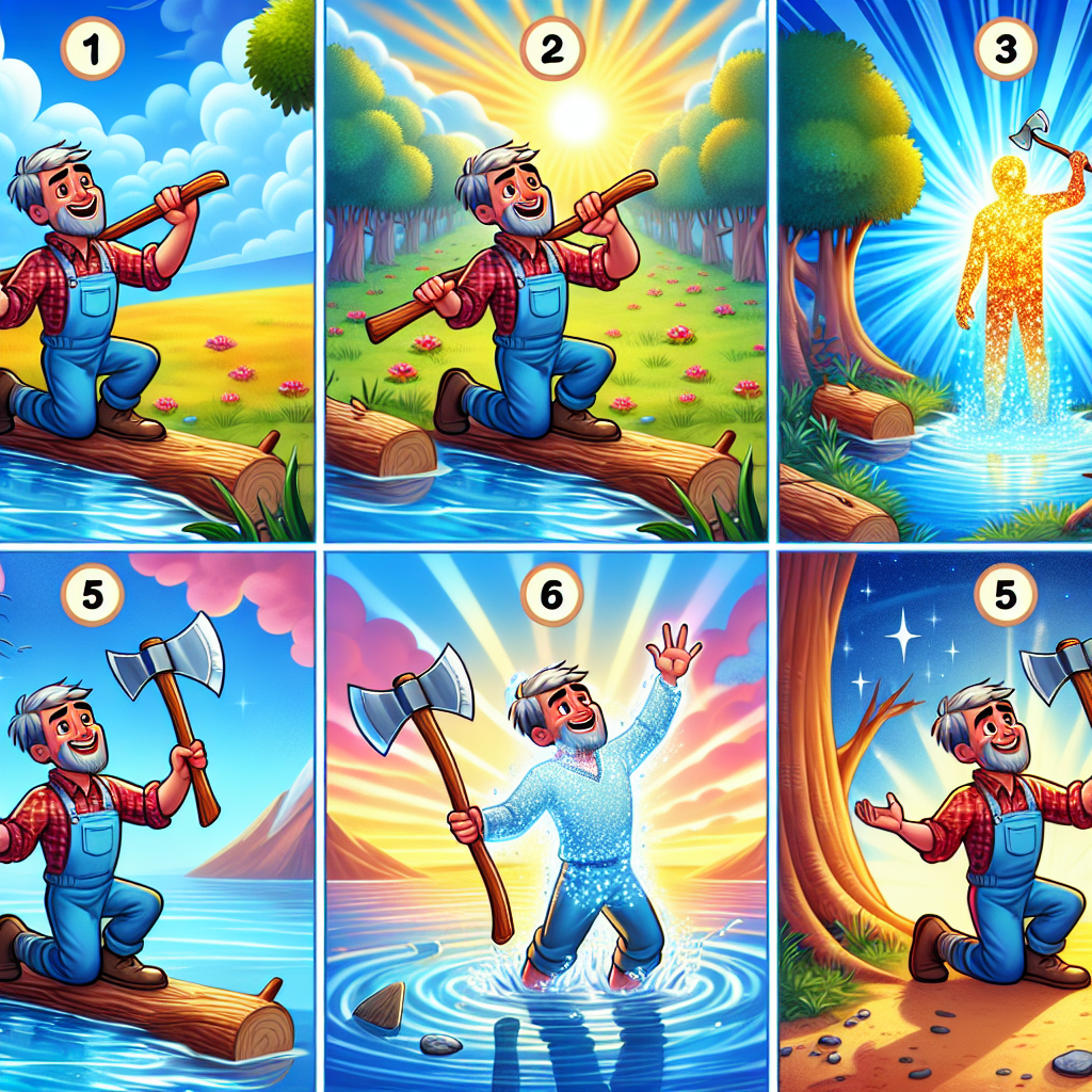 Colorful cartoon storyboard showing 8 key scenes from The Honest Farmer