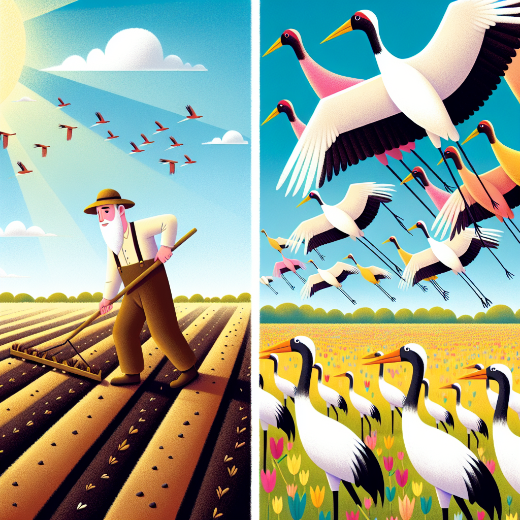 Colorful children's illustration for the story: The Farmer and the Cranes