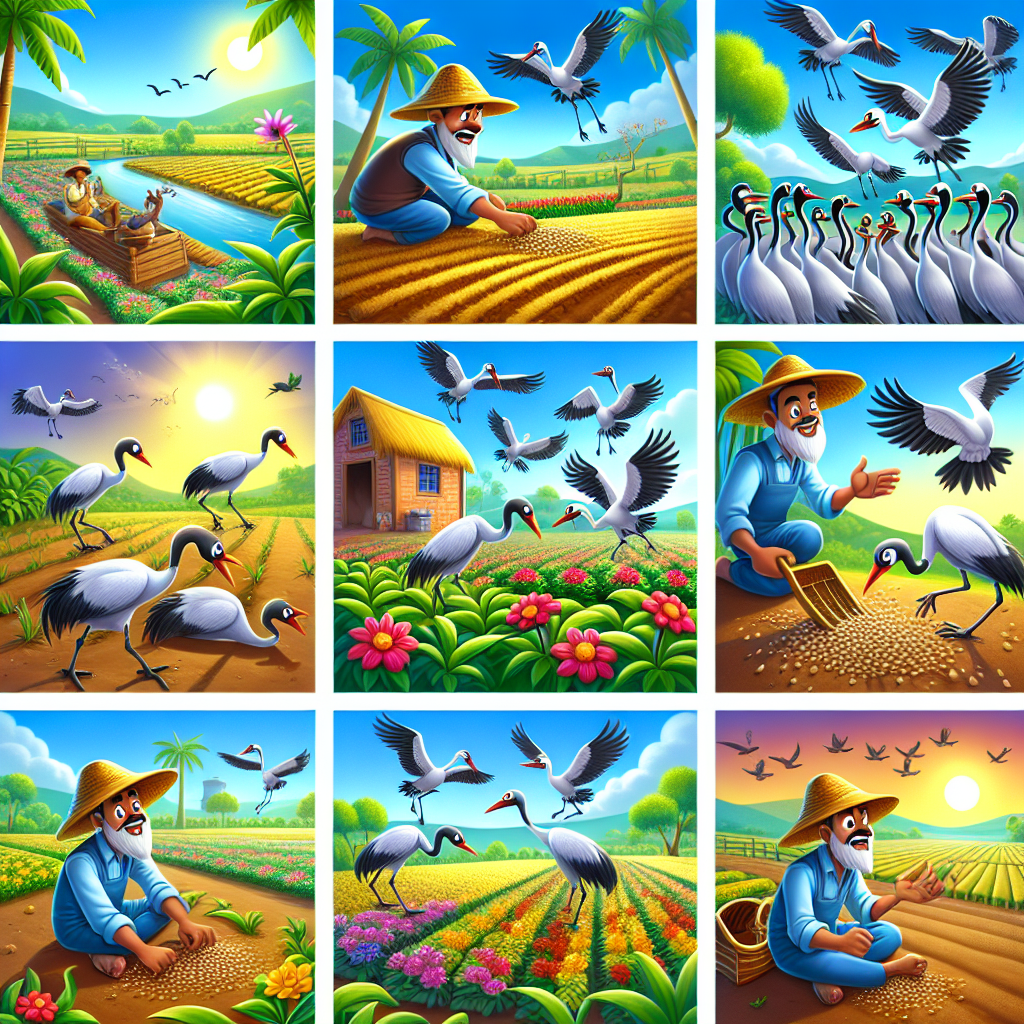 Colorful cartoon storyboard showing 8 key scenes from The Farmer and the Cranes