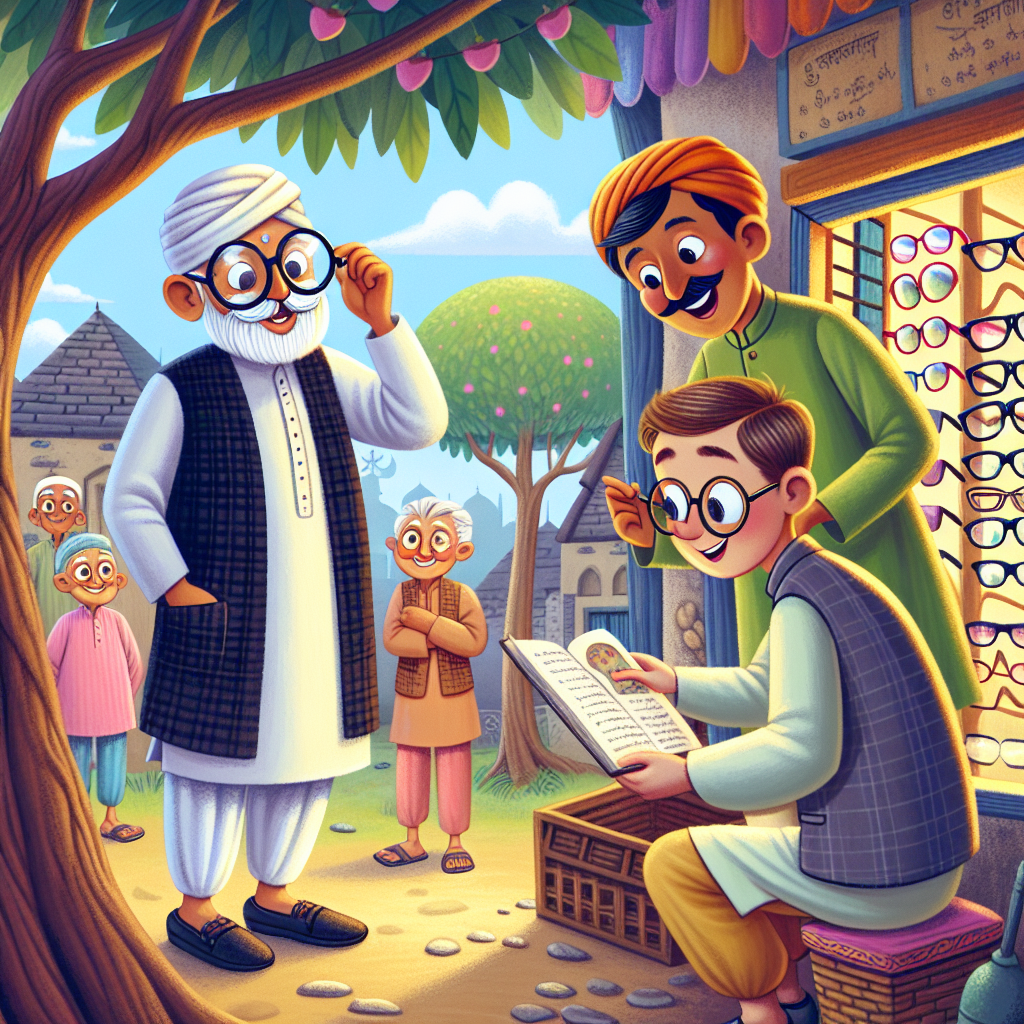Colorful children's illustration for the story: The Farmer and His Magic Spectacles