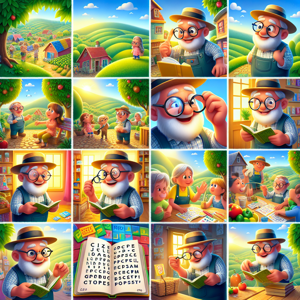 Colorful cartoon storyboard showing 8 key scenes from The Farmer and His Magic Spectacles