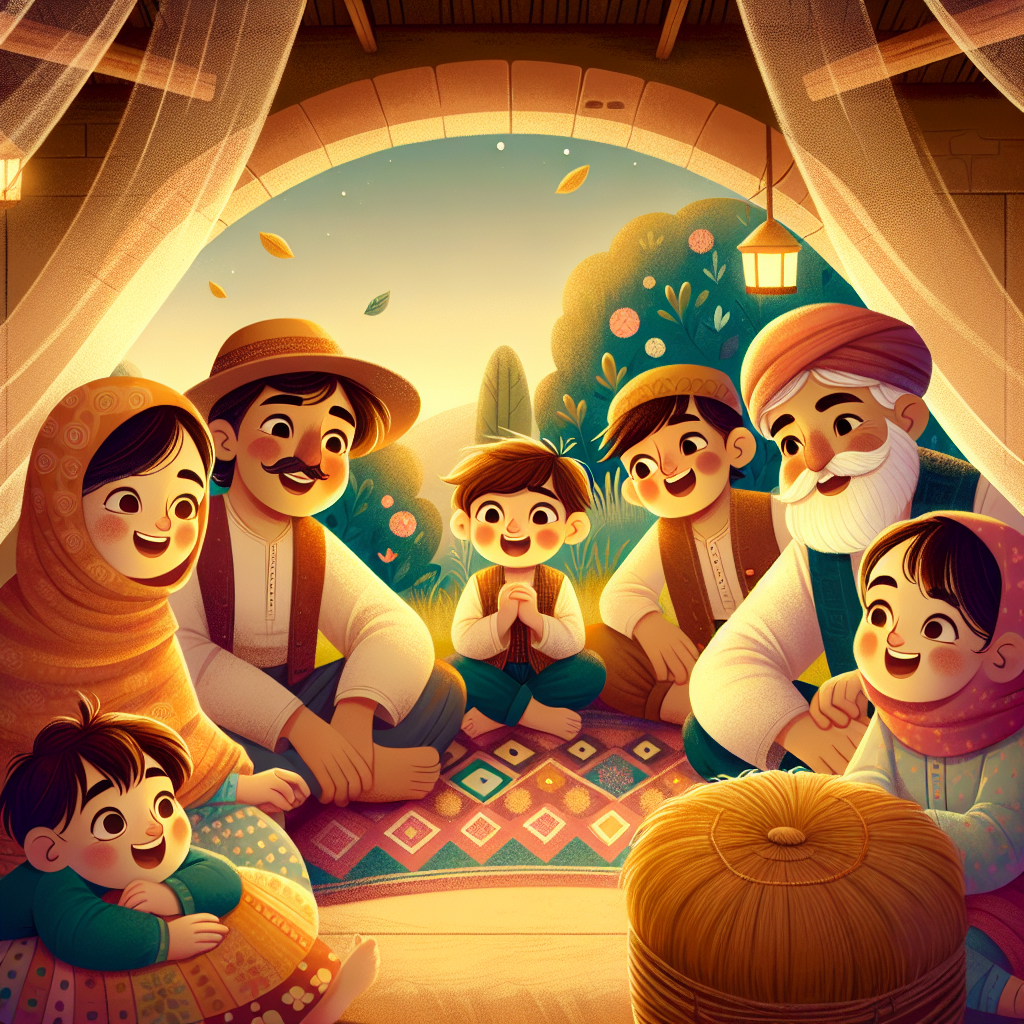 Colorful children's illustration for the story: The Farmer and His Five Sons