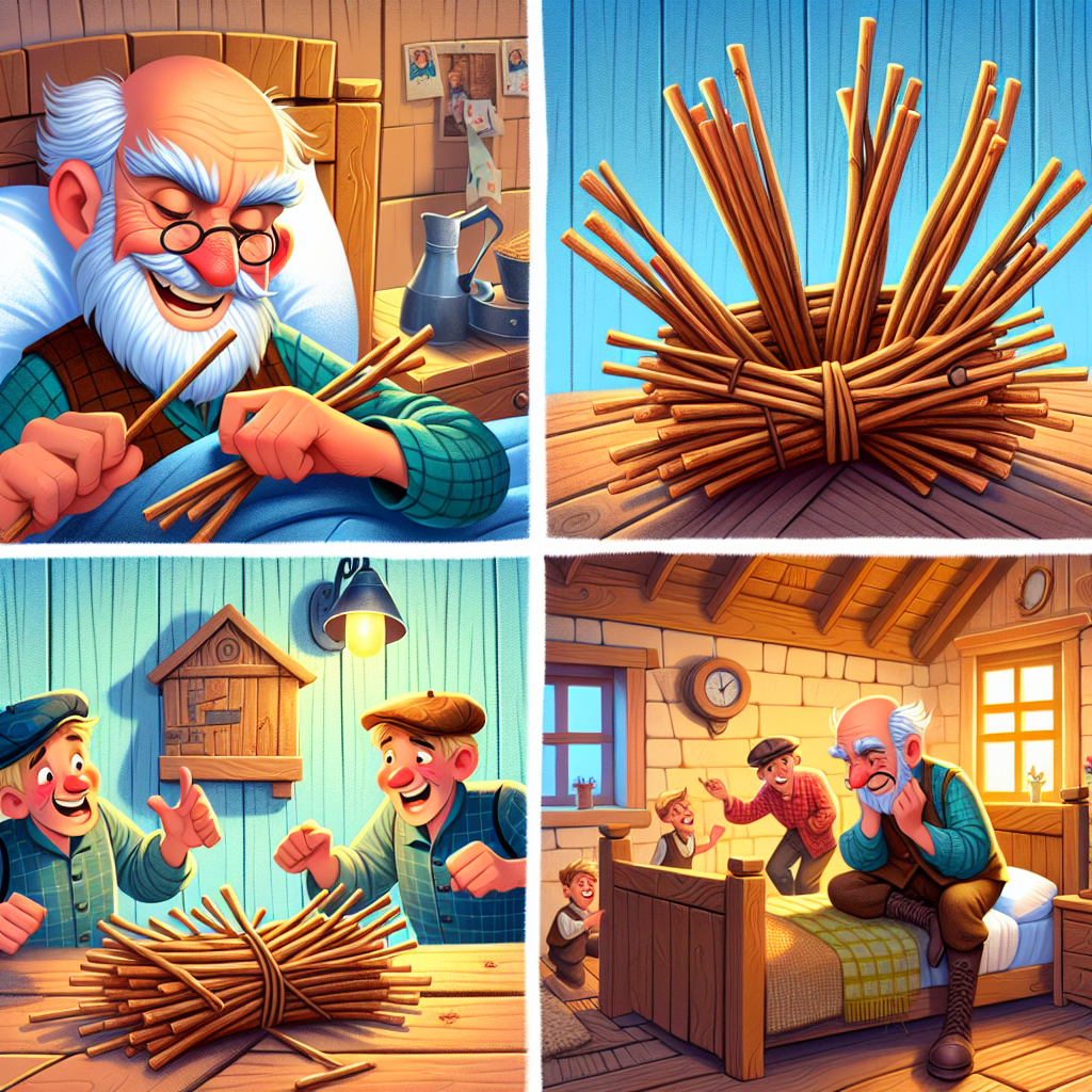 Colorful cartoon storyboard showing 8 key scenes from The Farmer and His Five Sons