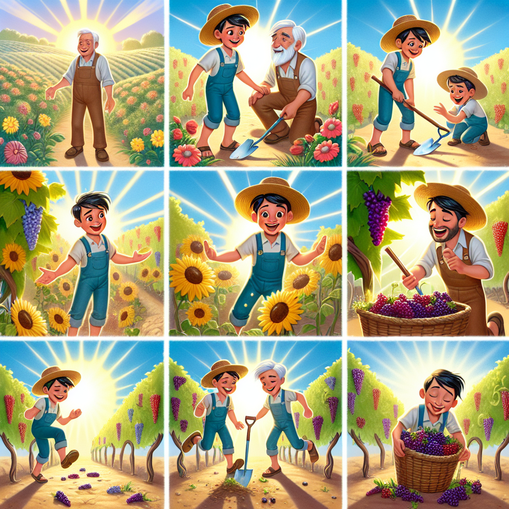 Colorful cartoon storyboard showing 8 key scenes from The Hidden Treasure