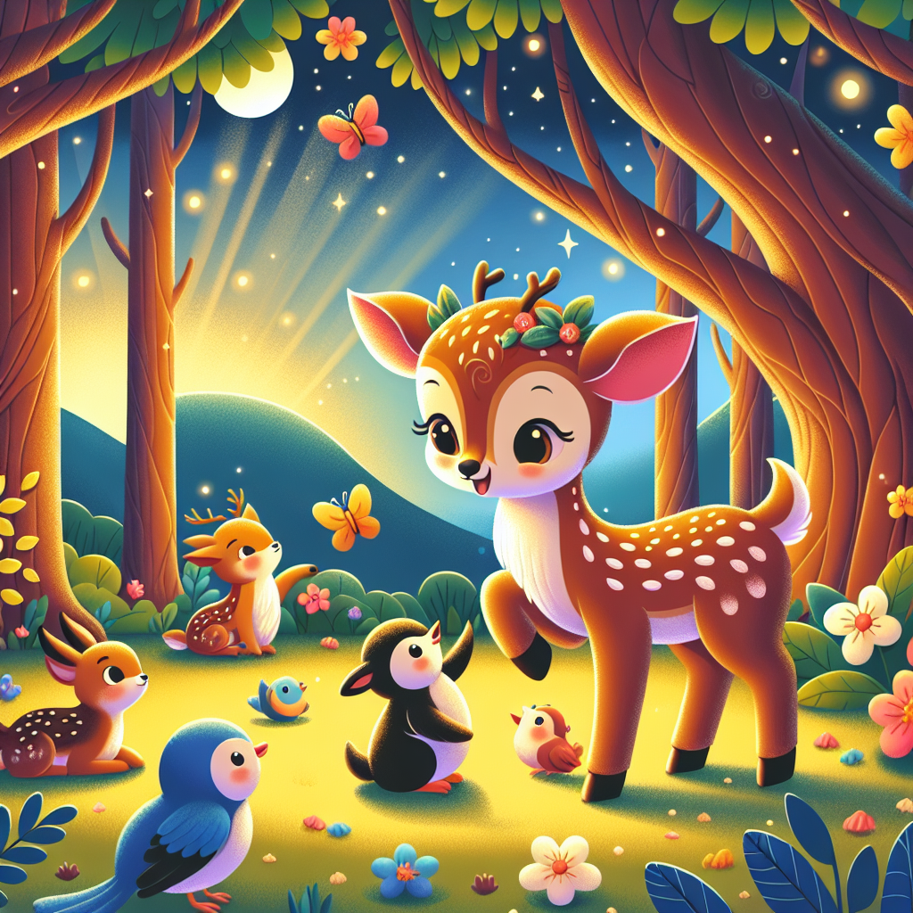 Colorful children's illustration for the story: The Fawn Who Learned to Play Dead