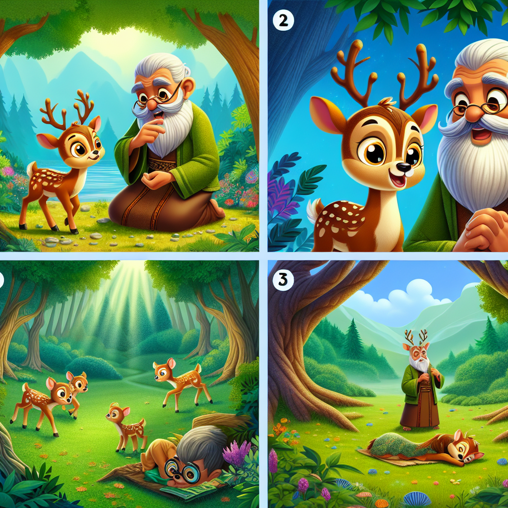 Colorful cartoon storyboard showing 8 key scenes from The Fawn Who Learned to Play Dead