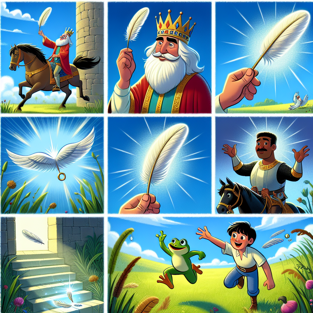 Colorful cartoon storyboard showing 8 key scenes from The Feather That Led the Way