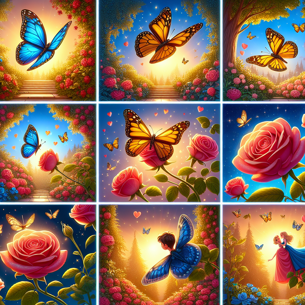Colorful cartoon storyboard showing 8 key scenes from The Butterfly and the Rose