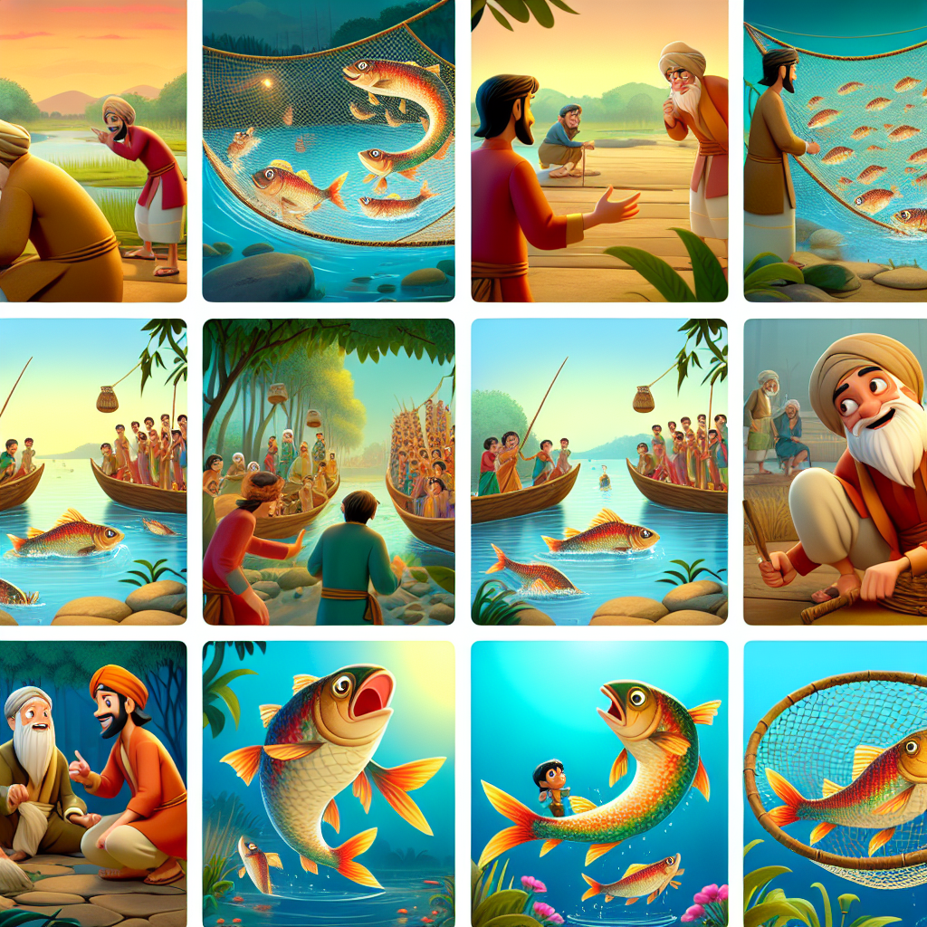 Colorful cartoon storyboard showing 8 key scenes from The Fish Who Would Not Let Go