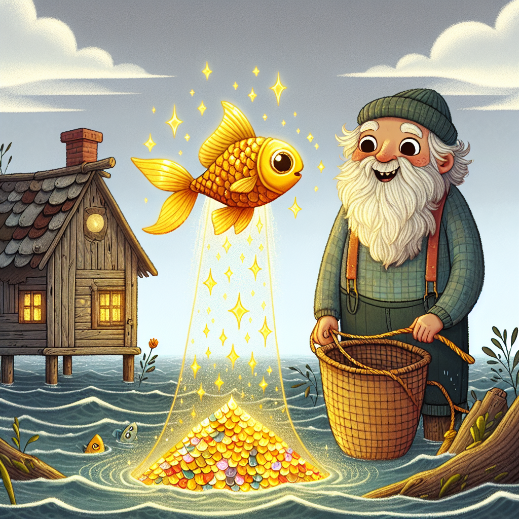 Colorful children's illustration for the story: The Fisherman and His Wife