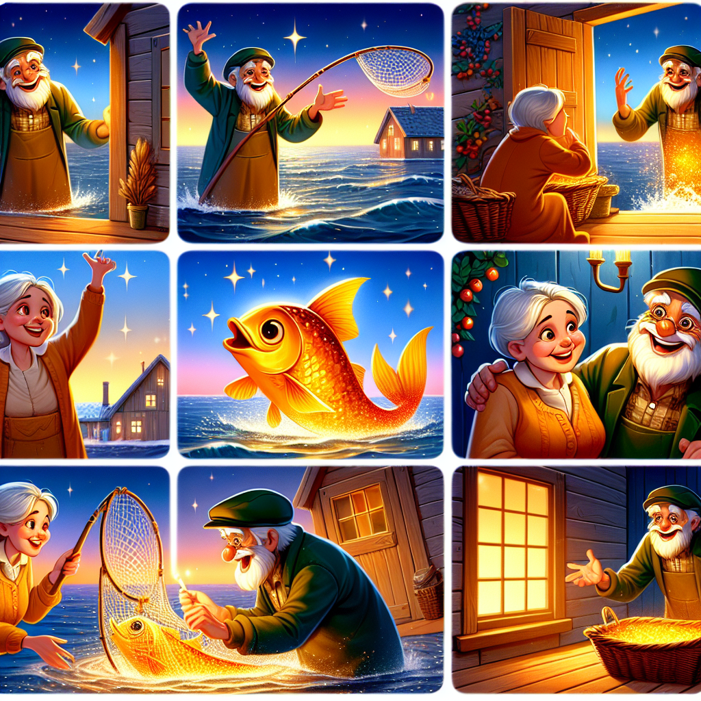 Colorful cartoon storyboard showing 8 key scenes from The Fisherman and His Wife
