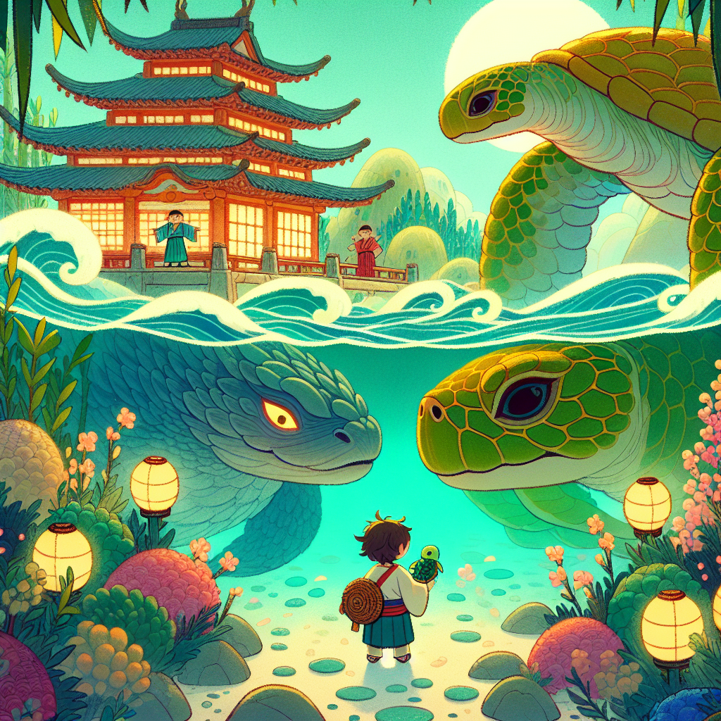 Colorful children's illustration for the story: Urashima Taro