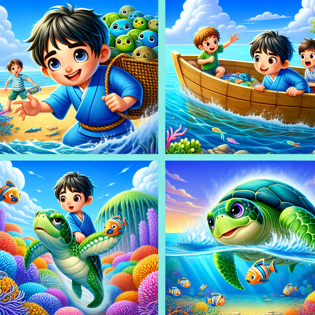 Colorful cartoon storyboard showing 8 key scenes from Urashima Taro