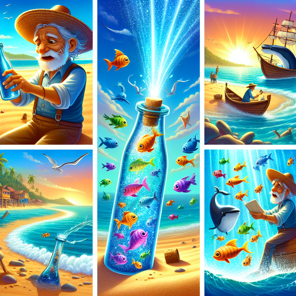 Colorful cartoon storyboard showing 8 key scenes from The Fisherman and the Sea