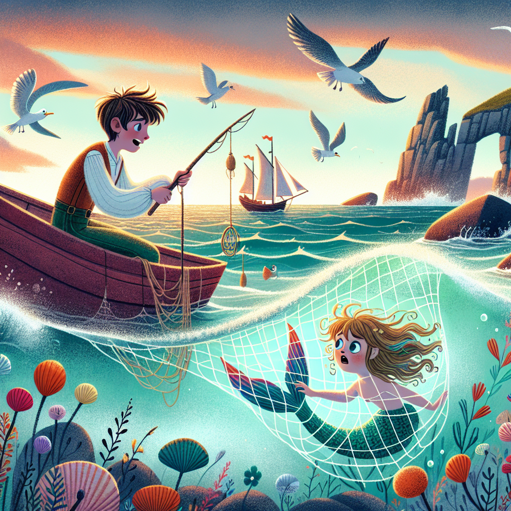 Colorful children's illustration for the story: The Fisherman and the Mermaid