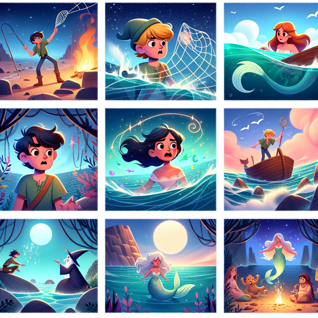 Colorful cartoon storyboard showing 8 key scenes from The Fisherman and the Mermaid