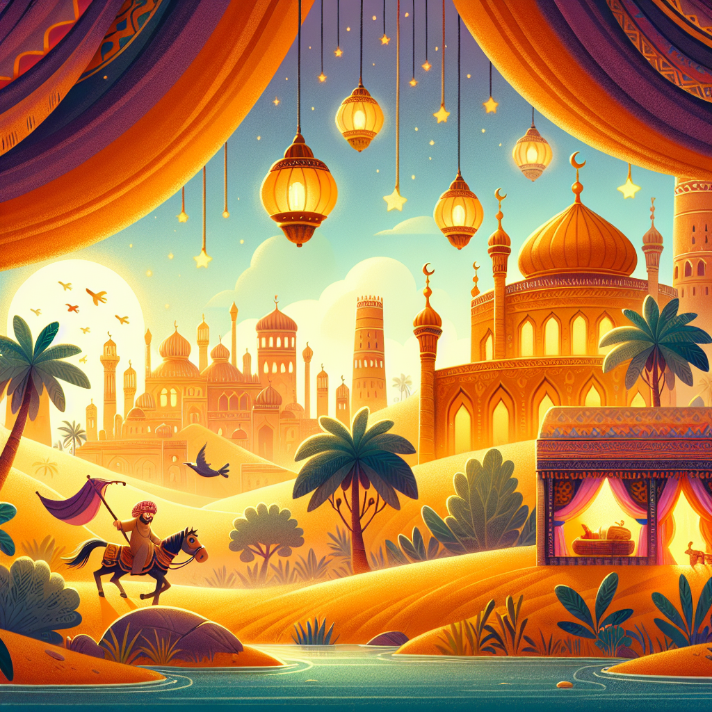 Colorful children's illustration for the story: The Fisherman and the Jinni